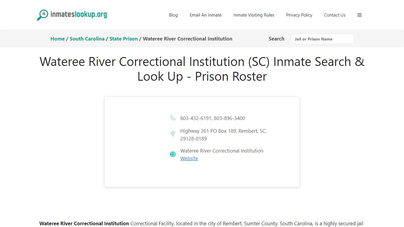 Wateree River Correctional Institution (SC) Inmate Search & Look Up ...